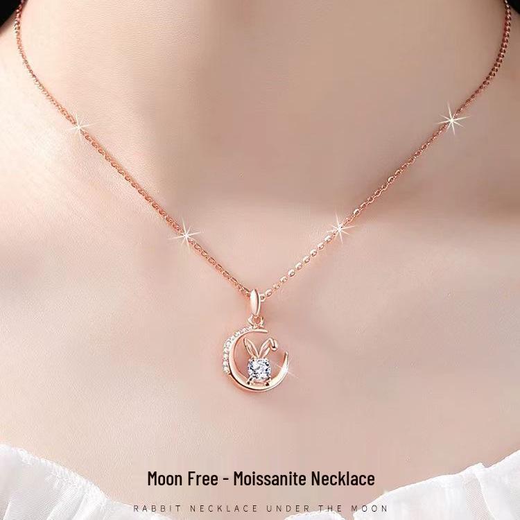 S925 Sterling Silver Moissanite Moonlight Jade Rabbit Necklace - Sweet Clavicle Chain Qixi Gift for Women