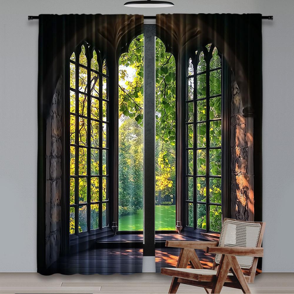 

2Pcs French Window Landscape Glass Curtains Natural Green Scenery Outside The Window For Bedroom Bathroom Living Room Dining 29x65in(75x166cm)