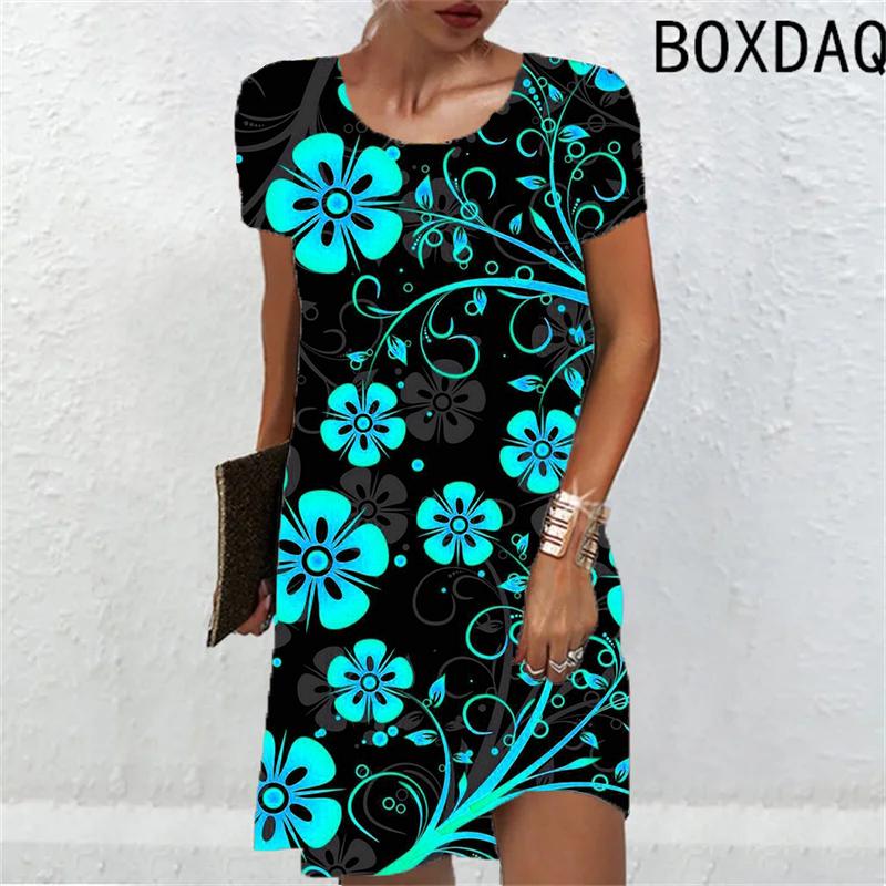 3D Flower Print Women Dress New Summer Sundress Elegant Fashion Short Sleeve O-Neck Loose Casual A-Line Dresses Ladies