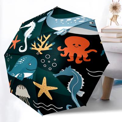 1pc Ocean Creatures Automatic Folding Umbrella, 8-Rib Durable Iron Frame, Compact Travel Umbrella for Women & Men 013