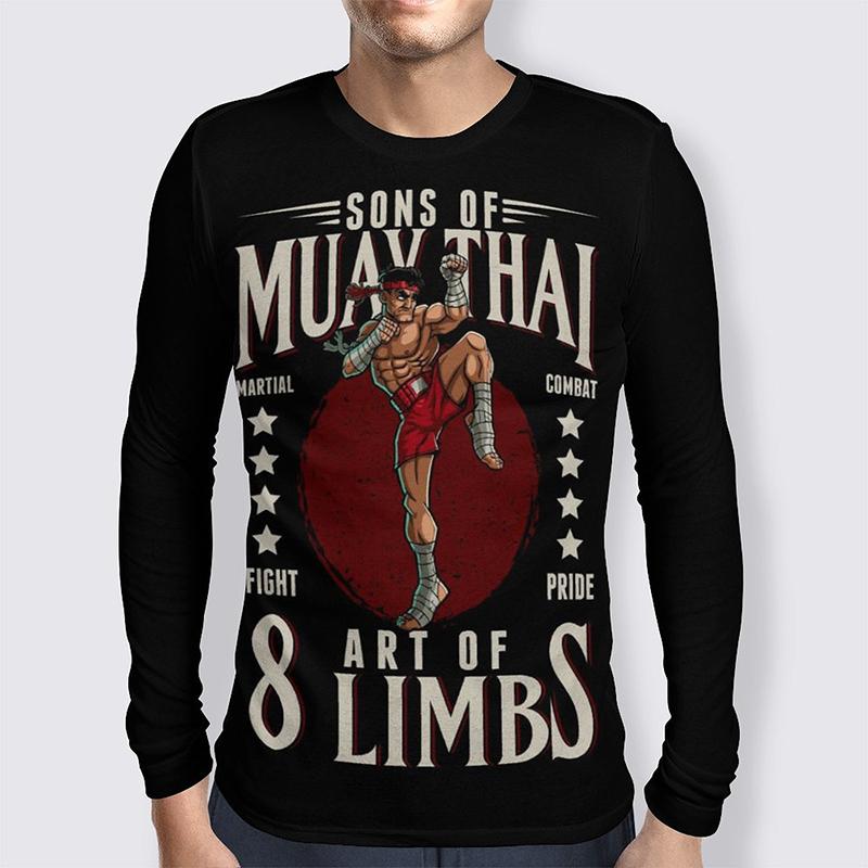 Spring and Autumn Round Neck Muay Thai Graphic 3D Printed Top Fashionable Casual Long Sleeved Men's T-shirts
