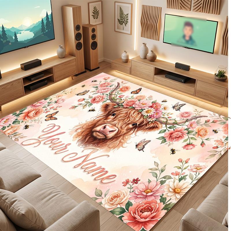 Highland Cow Theme Soft Crystal Velvet Rug Custom Name & Text Print Non Slip Floor Rug for Bedroom Living Room
