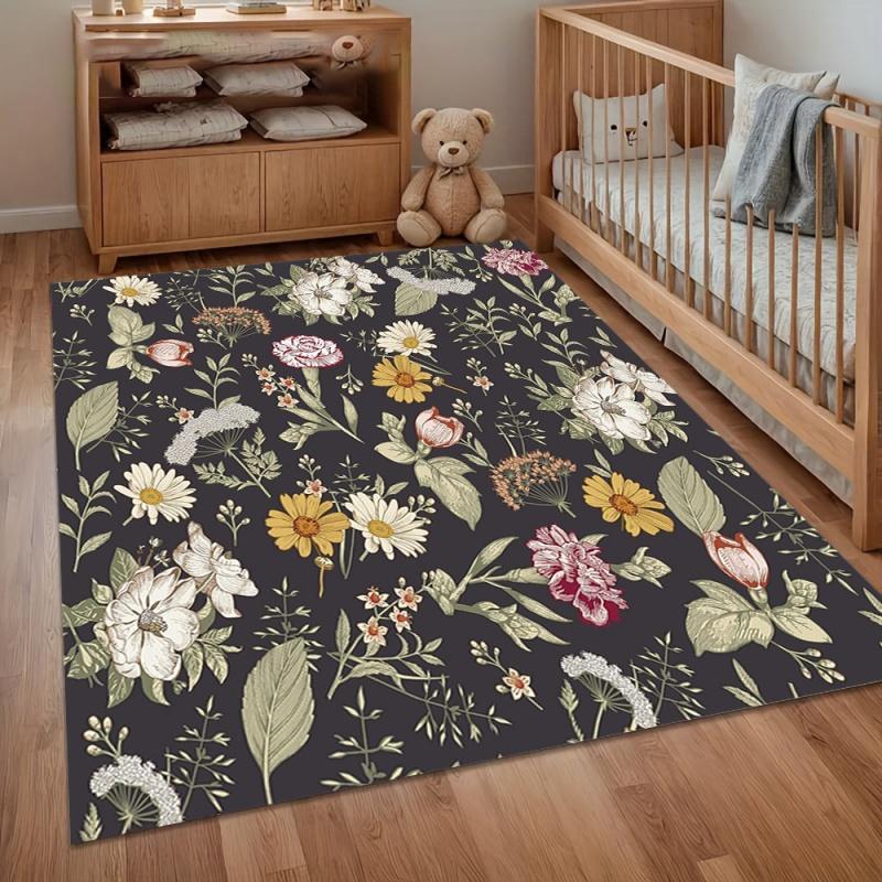Forest Deer Floral Area Rug Woodland Home Decor Non Slip Floor Carpet for Kids Bedroom Living Room