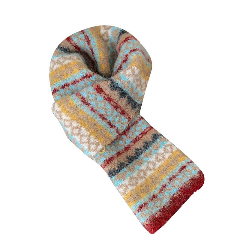 Fair Island mixed-color scarf women's autumn and winter warm retro high-end knitted scarf Korean atmosphere