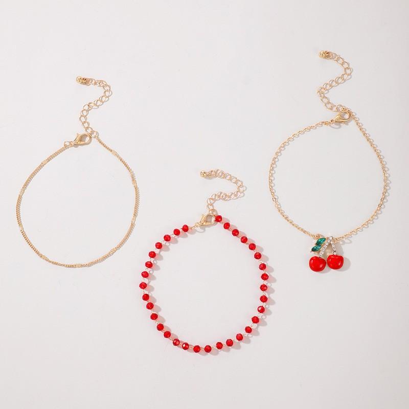 Red Rice Bead Beaded Multi-layer Foot Decoration with Diamond Cherry Cherry Anklet Three-piece Set