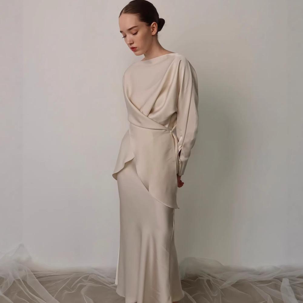 Women's Loose Skirt Suit Long Sleeve Blouse Elastic Waist Mermaid Skirt Satin Solid Elegant Two Piece Party Matching Set