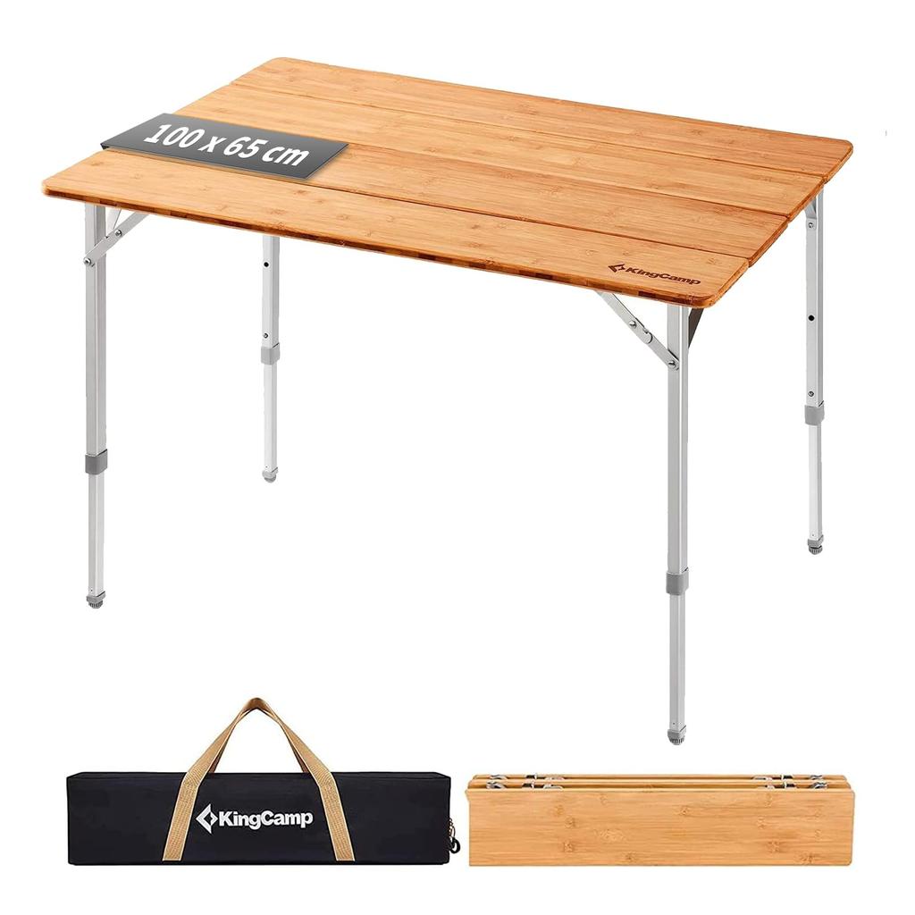 Kaufe KingCamp Campingtisch, Klapptisch aus Bambus, für den Außenbereich, 100–65 cm, 3-stufig höhenverstellbar, Klapppult, kompakter 4-fach faltbarer Rolltisch, Tragkraft 80 kg zum Preis ab 206
