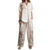 Women Floral Print Two Piece Outfit Short Sleeve Button Up Top Wide Leg Pants Casual Loose Fit Loungewear Set