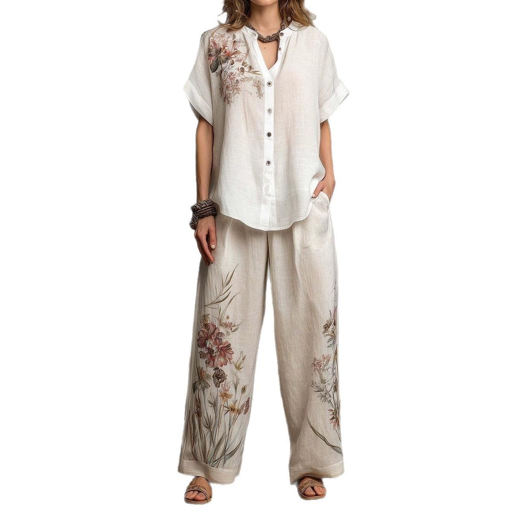 Women Floral Print Two Piece Outfit Short Sleeve Button Up Top Wide Leg Pants Casual Loose Fit Loungewear Set