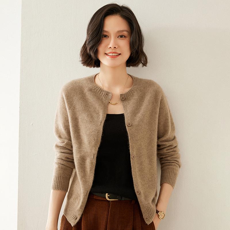 Women's Cashmere Round Neck Cardigan - Autumn/Winter Slim Fit Knitted Sweater, Solid Color, Versatile Outerwear