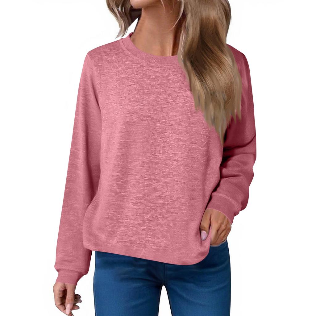 Women's Fashion Loose Round Neck T-Shirt Solid Color Casual Long Sleeve Top