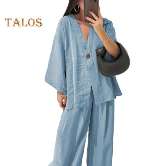 Dámský bavlněno-lněný dvoudílný outfit s dlouhým rukávem, top s výstřihem do V a zapínáním na knoflíky, široké kalhoty, ležérní souprava na doma