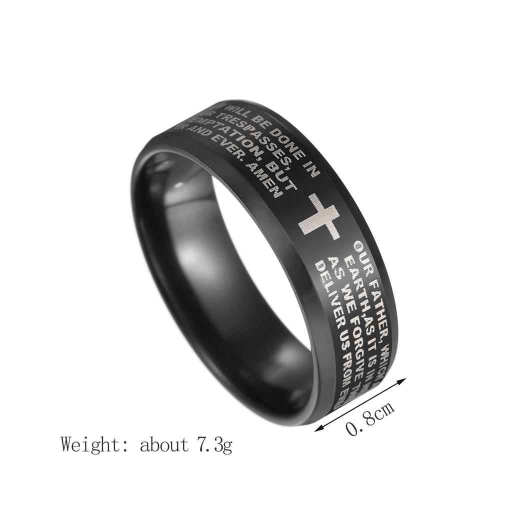 Stainless Steel Black Color Jesus Cross Ring Letter Bible Prayer Finger Rings For Men 8mm Amulet Jewelry