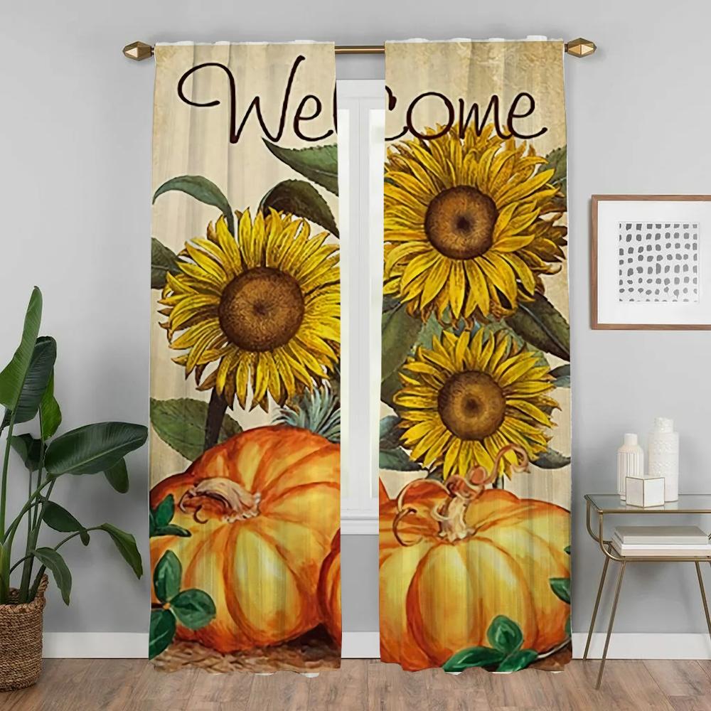 Light Blocking Anti Mosquito Curtains Pumpkin Sunflower Print Curtain Room Panel Tulle Bedroom Halloween Decoration Set Of 2 Made Polyester Washable