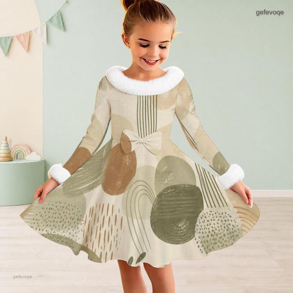 Girls Faux Fur Collar Long Sleeve Printed A Line Flared Dress With Bow