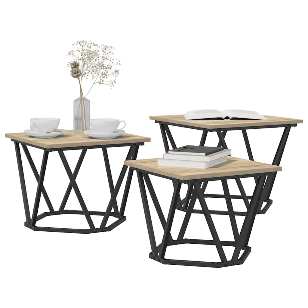 Coffee Table Set 3 Pcs Sonoma Oak Engineered Wood and Steel
