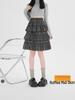 2026 Spring Retro Gray Layered Ruffle Plaid Midi Skirt for Women