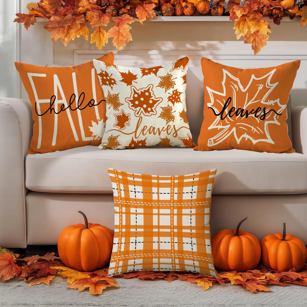4Pcs Thanksgiving Pillow Cover, Autumn Harvest Decoration Pillow Cover, Maple Leaf Pumpkin Cushion Cover, Farmhouse Decoration