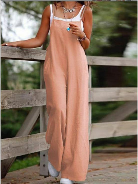 

Жіночий повсякденний бавовняно-лляний комбінезон на підтяжках з кишенями 2024 3XL персиковий