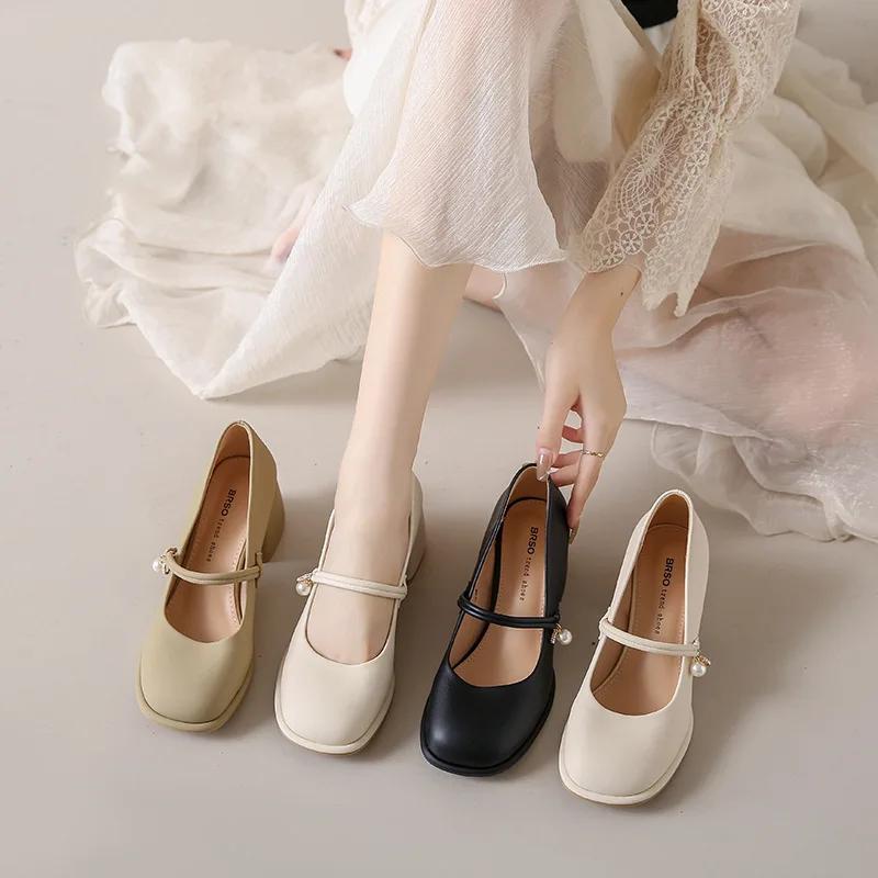 Fashion Woman High-heel Mary Jane Shoes Women 2025 Buckle Strap Square Toe Pumps Woman Pu Leather Shoes Female Dress Matching Banquet