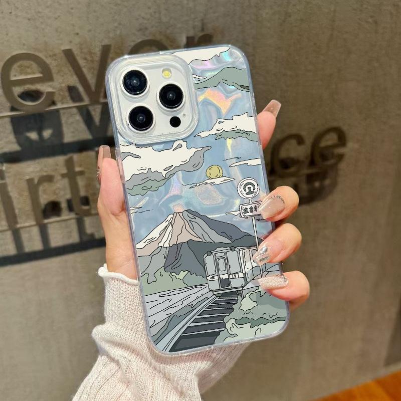 Cartoon Mountain Print Glitter Phone Case For iPhone 16 15 Pro Max 14 Pro 13 12 11 Clear Shockproof Hybrid TPU PC Glossy Slim Cover