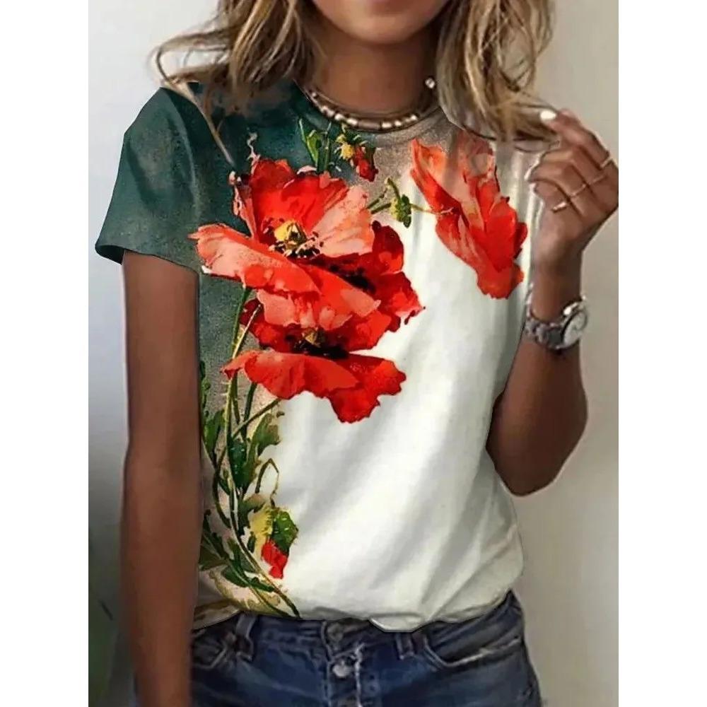 Summer Round Neck Flower Pattern 3D Print Top Fashionable Casual Short Sleeved Women's T-shirts