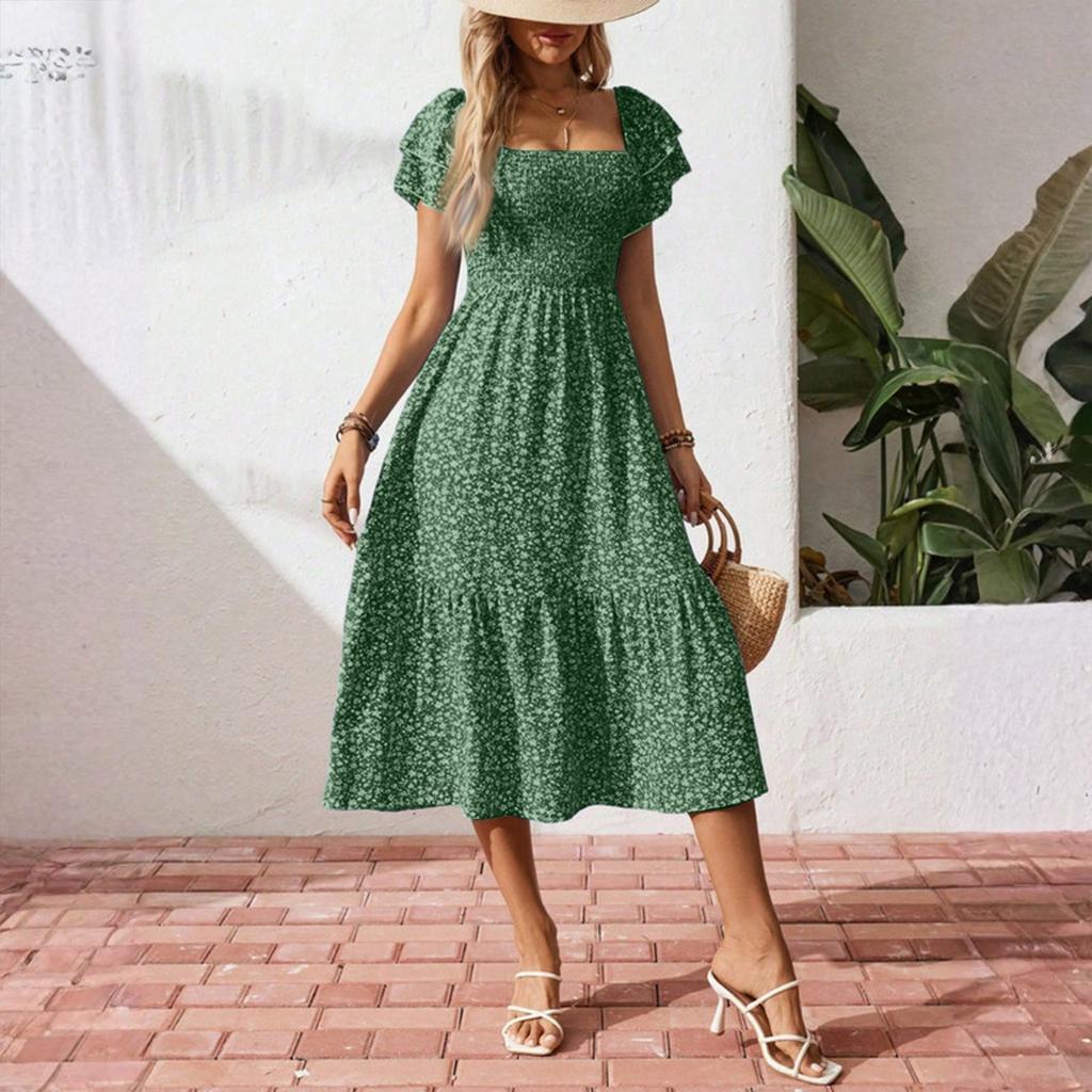 Women's Loose Casual Square Neck Puff Sleeve Floral Dress Long Skirt