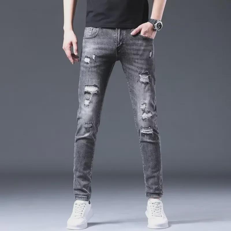 

2024 Trendy Men s Slim-Fit Ripped Jeans for Spring & Autumn 34 сірий колір