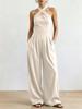 Women Cross Neck Halter Wide Leg Jumpsuit Solid Color Pleated Backless Elegant Long Pants Romper