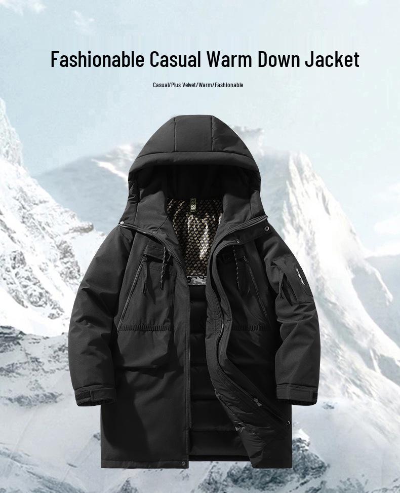Trendy Mid-Length Winter Hooded Down Jackets: Casual, Loose, Multi-Pocket Style for Couples