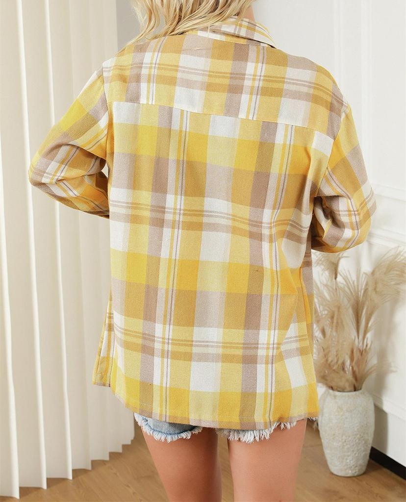 2024 Women's Pink Plaid Loose Long Sleeve Shirt Jacket