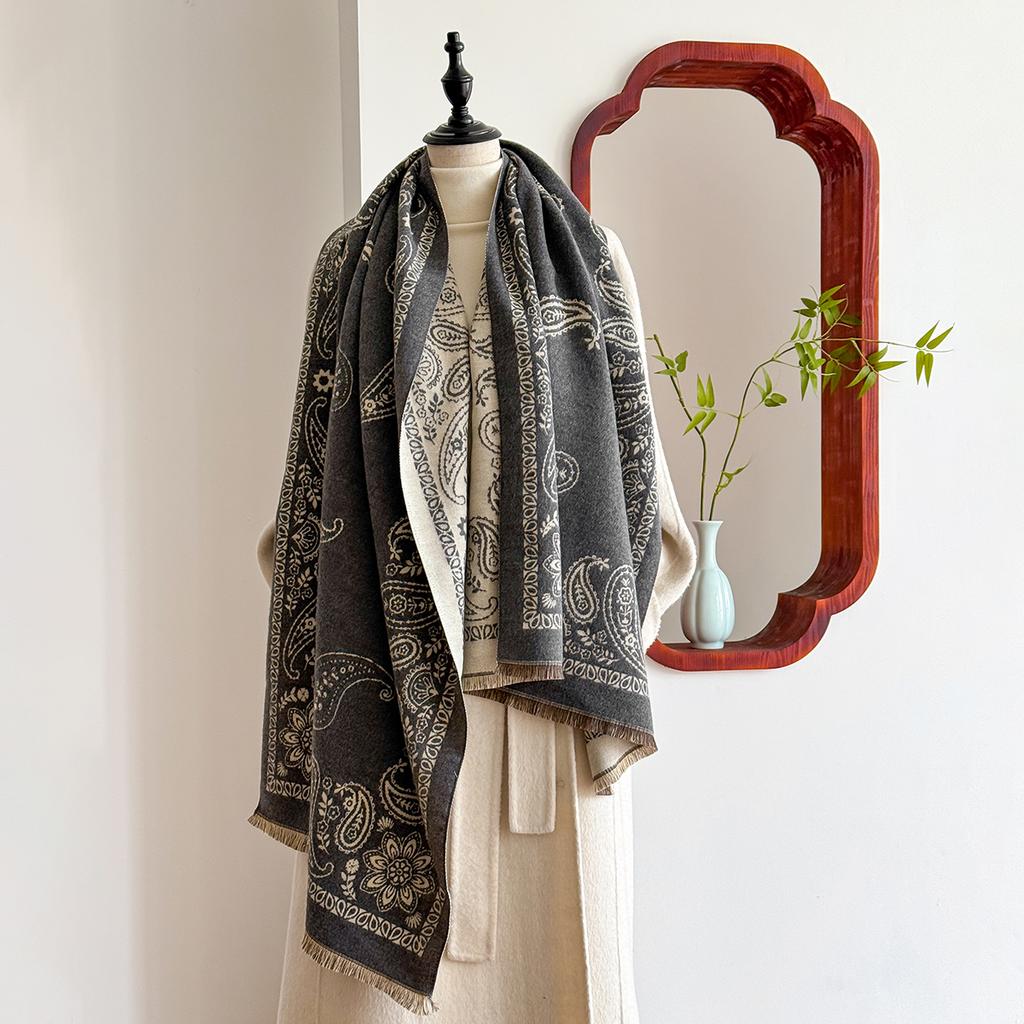 Luxury Brand Cashmere Scarf for Women - Winter Geometric Printed Tasseled Shawl, Pashmina Wrap & Bandana Poncho