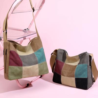 Blockfarbene Umhängetasche für Damen mit großem Fassungsvermögen, tragbarer Canvas-Tasche mit Nähten
