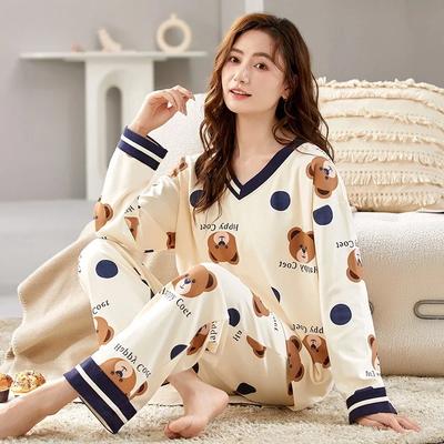 Cute Bear Print Pajamas for Women Autumn Winter Long Sleeve Cotton Sleepwear Soft Pijamas Leisure Cartoon Girls Homesuits Pjs