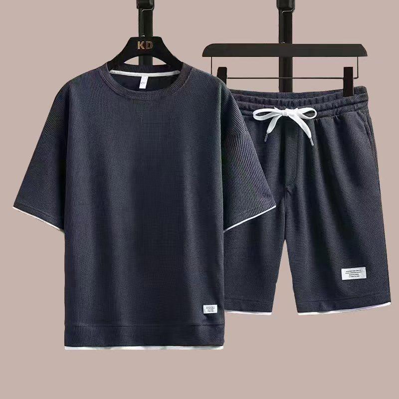2024 Men's Sporty Summer Waffle Set: Korean Style Short Sleeve T-shirt & Shorts