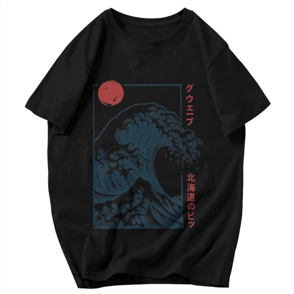 Men T Shirt Japanese Style Hokkaido Wave Retro Idea Y2K Graphic Crewneck Unisex Tops T Shirts