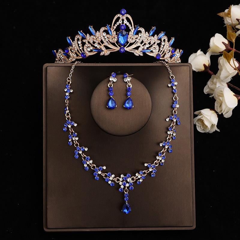 DIEZI Baroque Bridal Rhinestone Crown Tiaras For Women Wedding Princess Queen Blue Crystal Tiaras Necklace Earrings Jewelry Sets