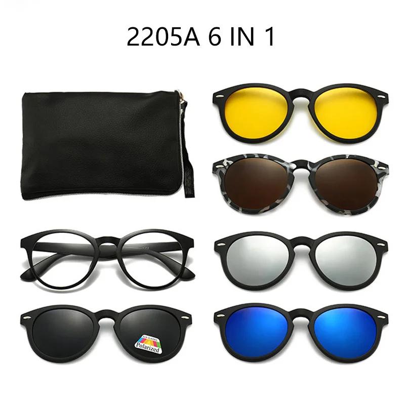 Clipon In 6 1 Black Round Oval Plastic Frame With 5 Pcs Clip On Sunglasses Magnetic Glasses Male Optical