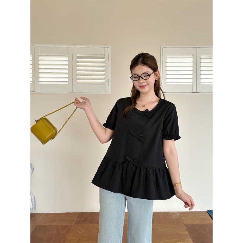 Plus Size Women s Age-Reducing Bow Tie Puff Sleeve Top L