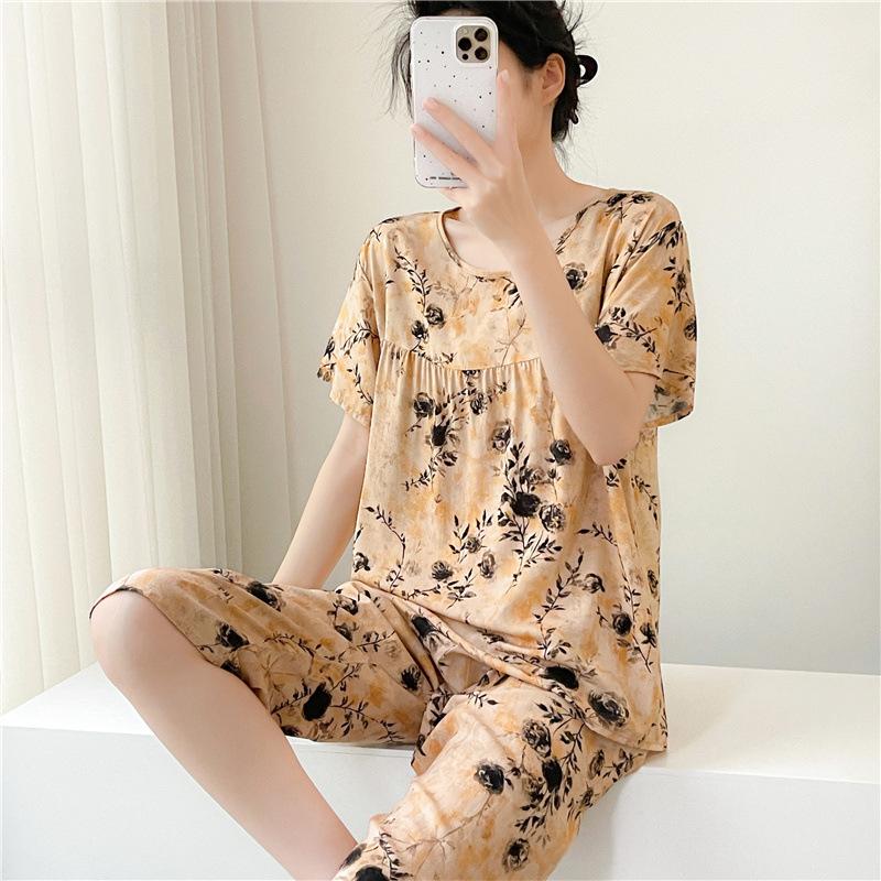 1011 Spring and Autumn Short Sleeve New Printed Pajama Set Summer Thin Sweet Floral Loose Loungewear