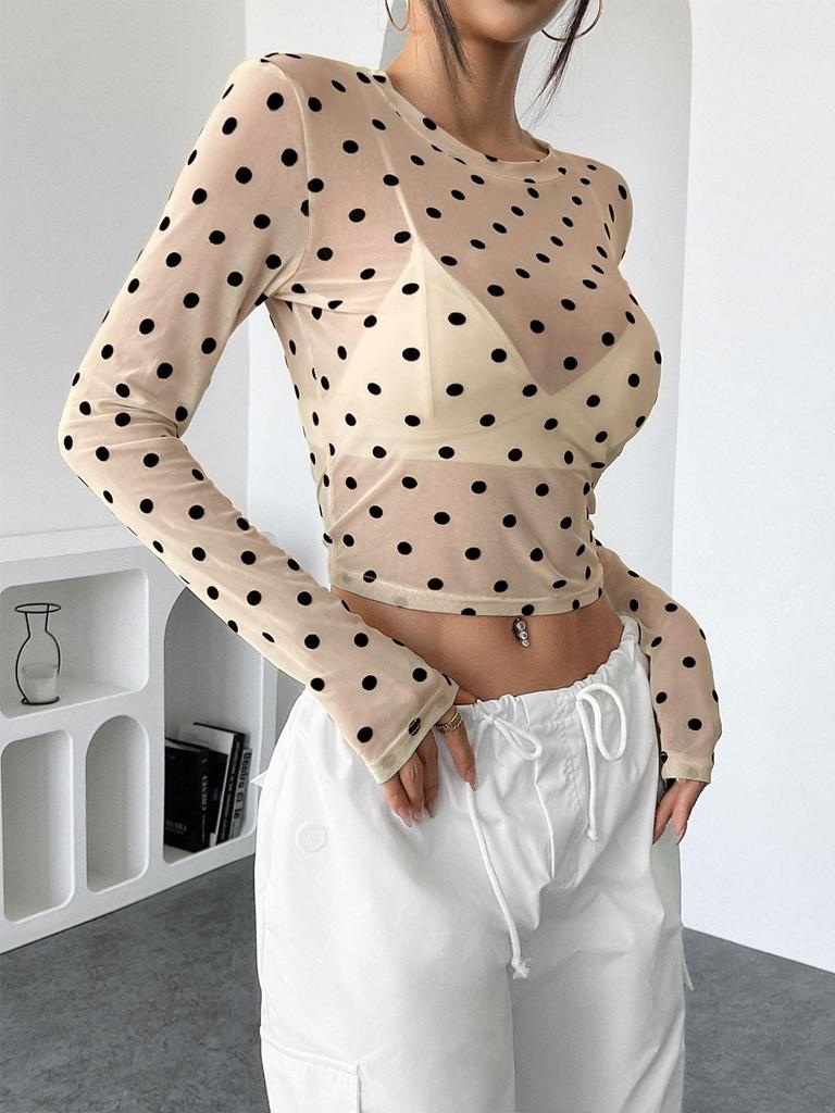 2025 Spring Polka Dot Bodycon Round Neck Slim Long Sleeve Women's T-shirt