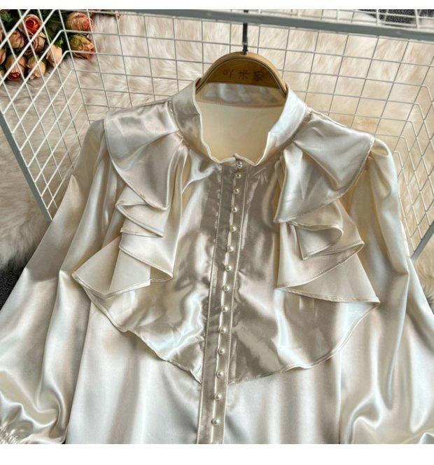 Vintage Solid Blouses Women Elegant Acetate Satin Stand Collar Flare Sleeve Design New Chic Sweet Loose Ruffles Female  Tops