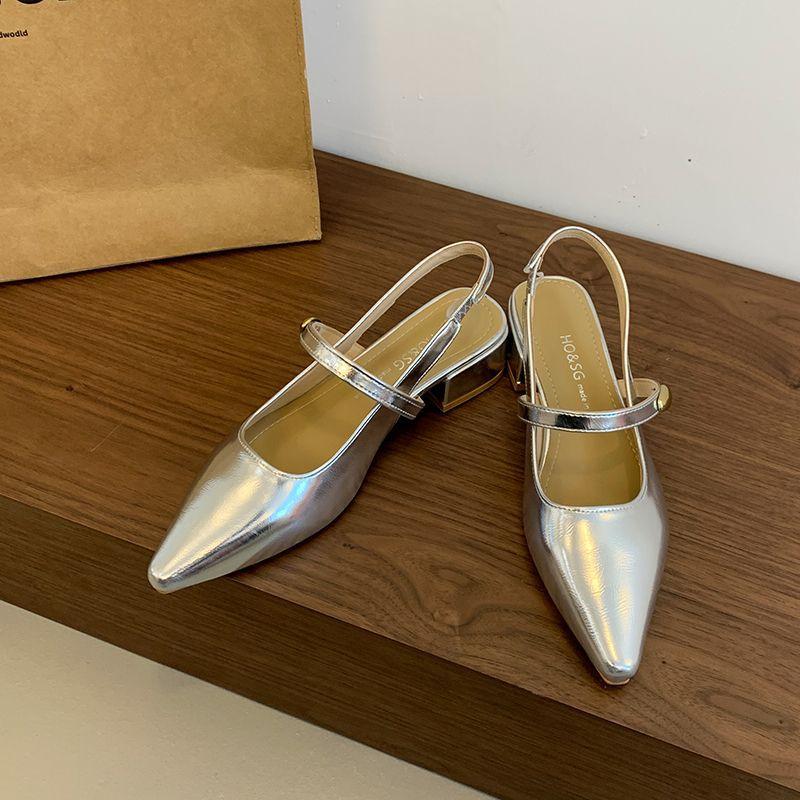 

French bag head sandals women s 2025 summer new pointed fashion with skirt silver thick heel empty Mary Jane shoes 40 срібний