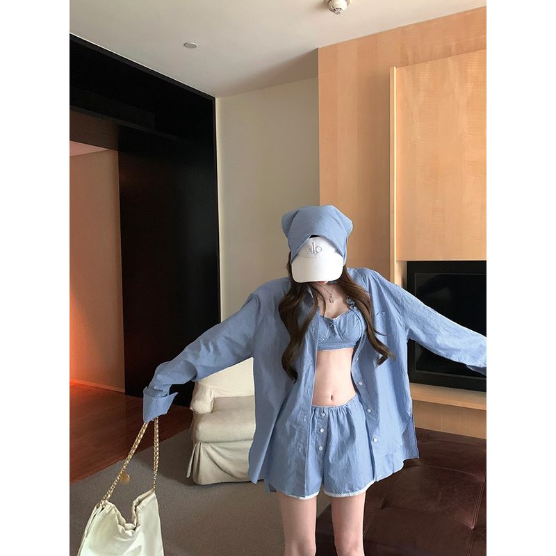 Kumikumi Sexy Style Loose Long Sleeves Shirt Underwear Spaghetti-Strap Slip Women's Autumn Slimming Loose Pants Three-Piece Set