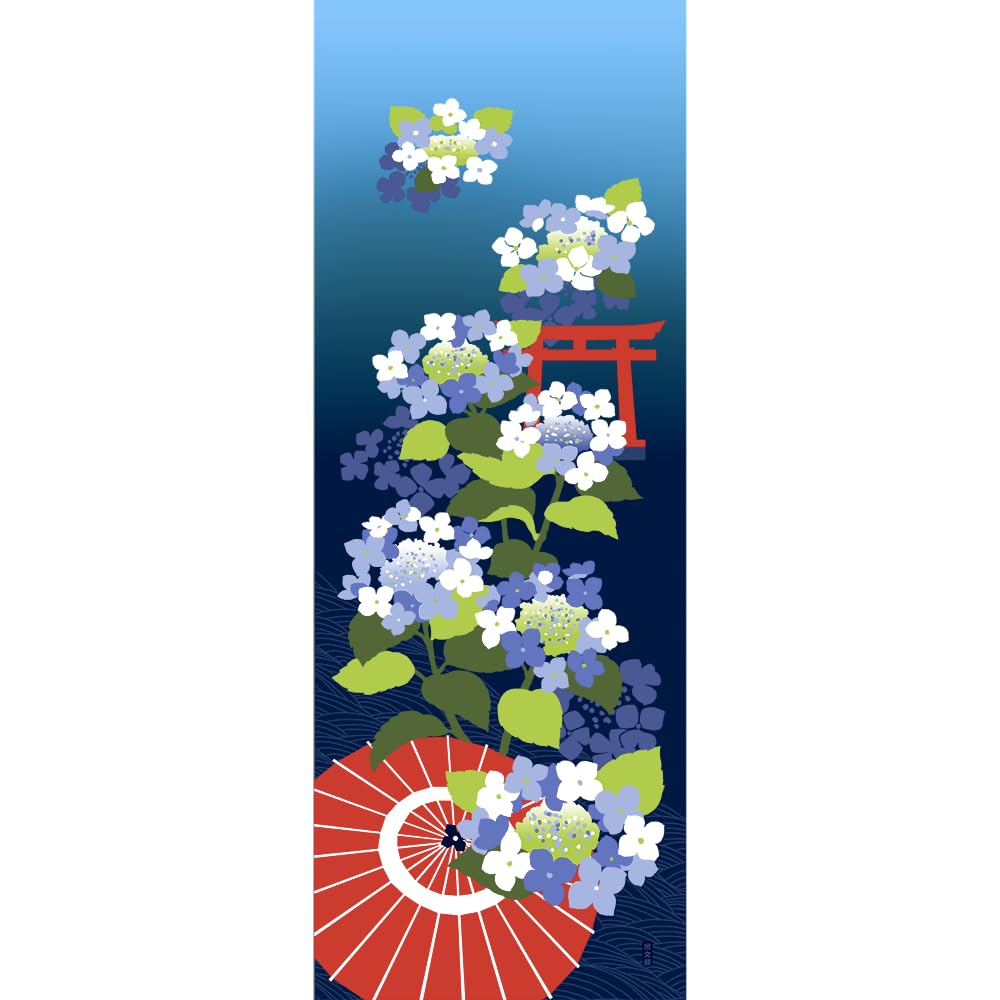 Hamamonyo Picture Tenugui hand Hydrangea and Japanese Scenery (Japanese towel) - синий