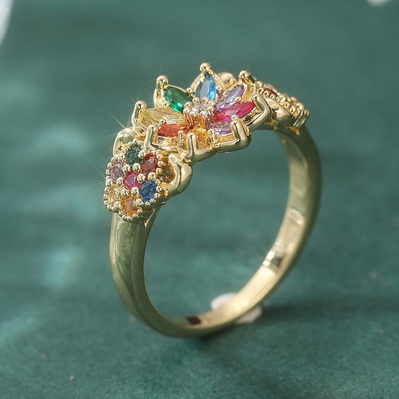 Classic Inlaid Multicolored CZ Women's Ring Trendy Gold Color Geometry Daily Wear Party Jewelry Anniversary Gift