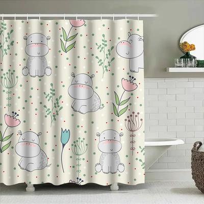 Adorable Hippo Family Shower Curtain Neutral Colors with Greenery Flowers for Bathroom Decorations Set Inclusive