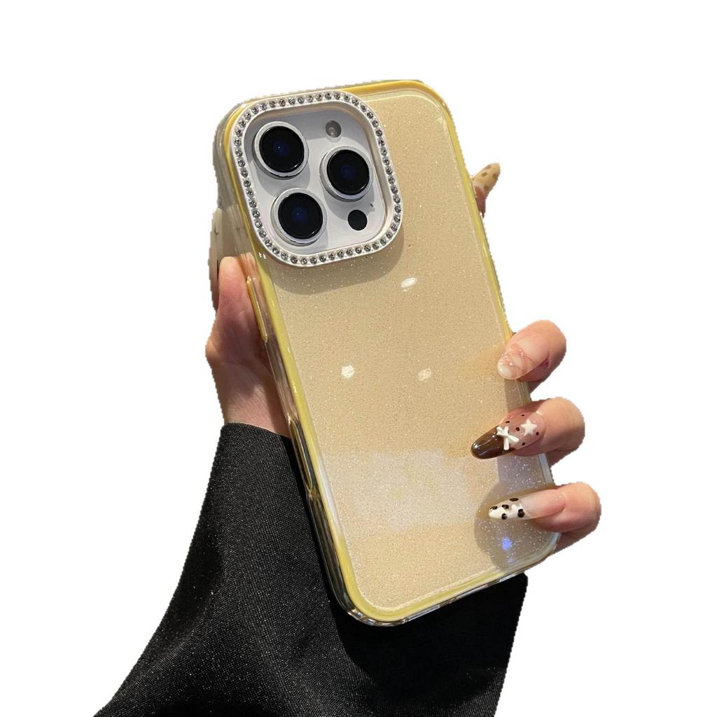 Custodia in Gel Glitterata Monocolore con Cornice Lente in Strass per iPhone 16 Pro Max
