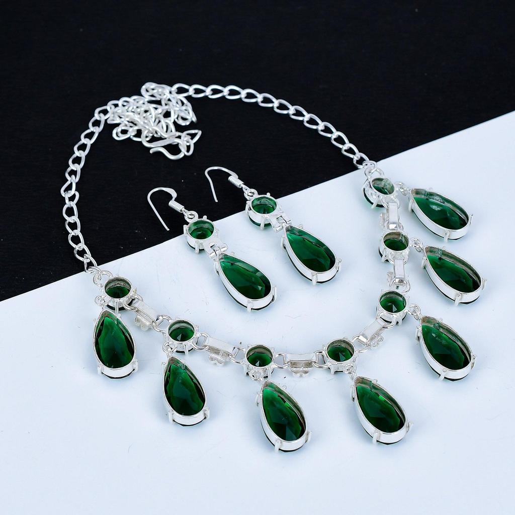 Green Tourmaline Necklace Set, Green Tourmaline Gemstone Handmade 925 Sterling Silver Earring Necklace Set For Women Necklace For Gifts