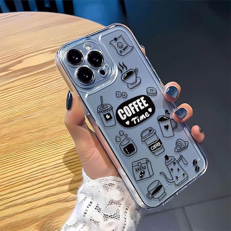 Transparent Space Shell Coffee Time Phone Case for iPhone 13/14/15/16/17 Pro Max, Soft Cover iPhone 15